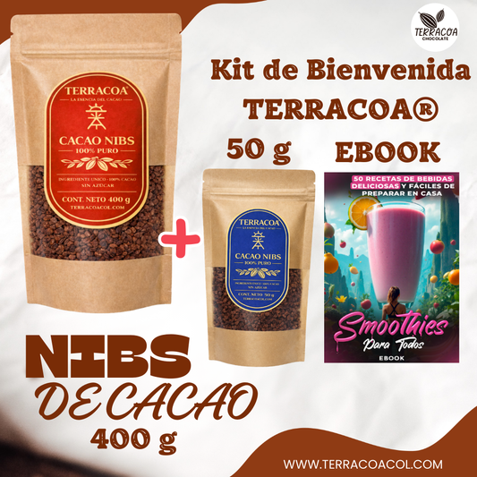Nibs de Cacao 400 g TERRACOA® + Kit de Bienvenida (50 g + eBook)